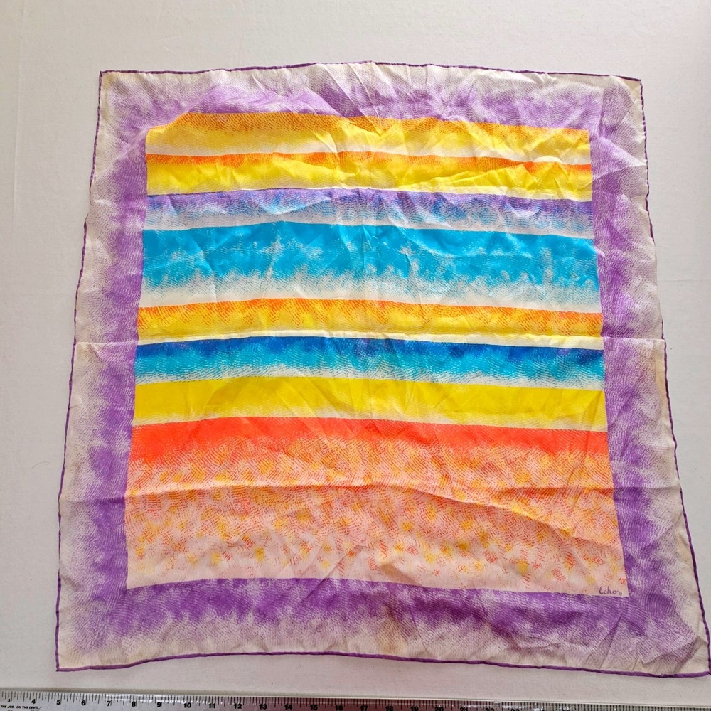 Echo Silk Square Scarf Multi Color Striped Watercolor Purple Border 26x26
